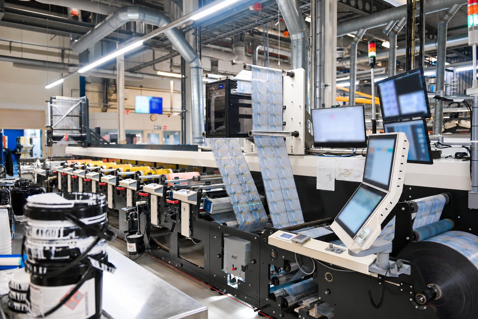 An eight-color flexo line at Eshuis, DeltaOne mounted inline after the last print unit