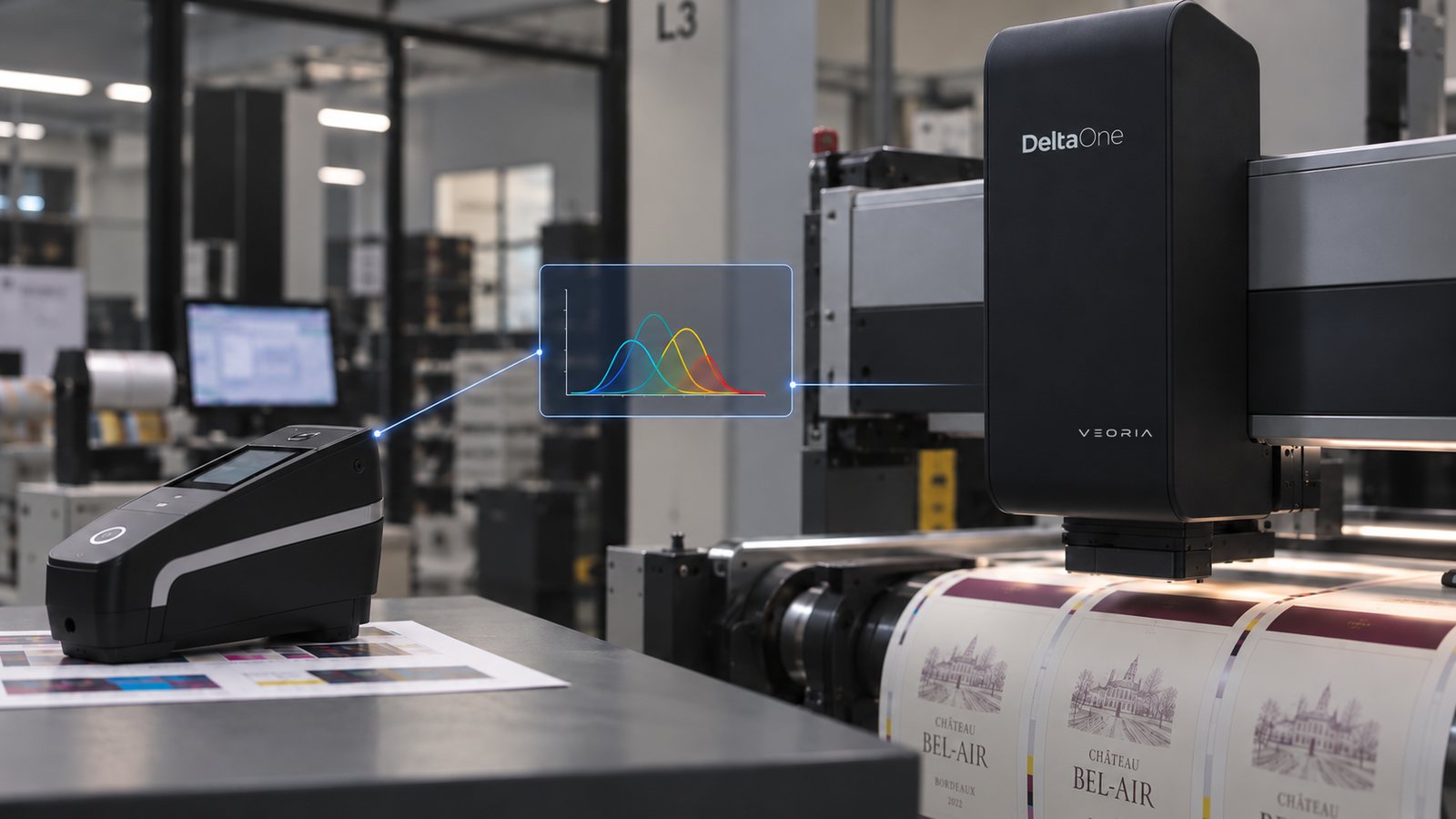A handheld spectrophotometer and DeltaOne on press, aligned to one reference